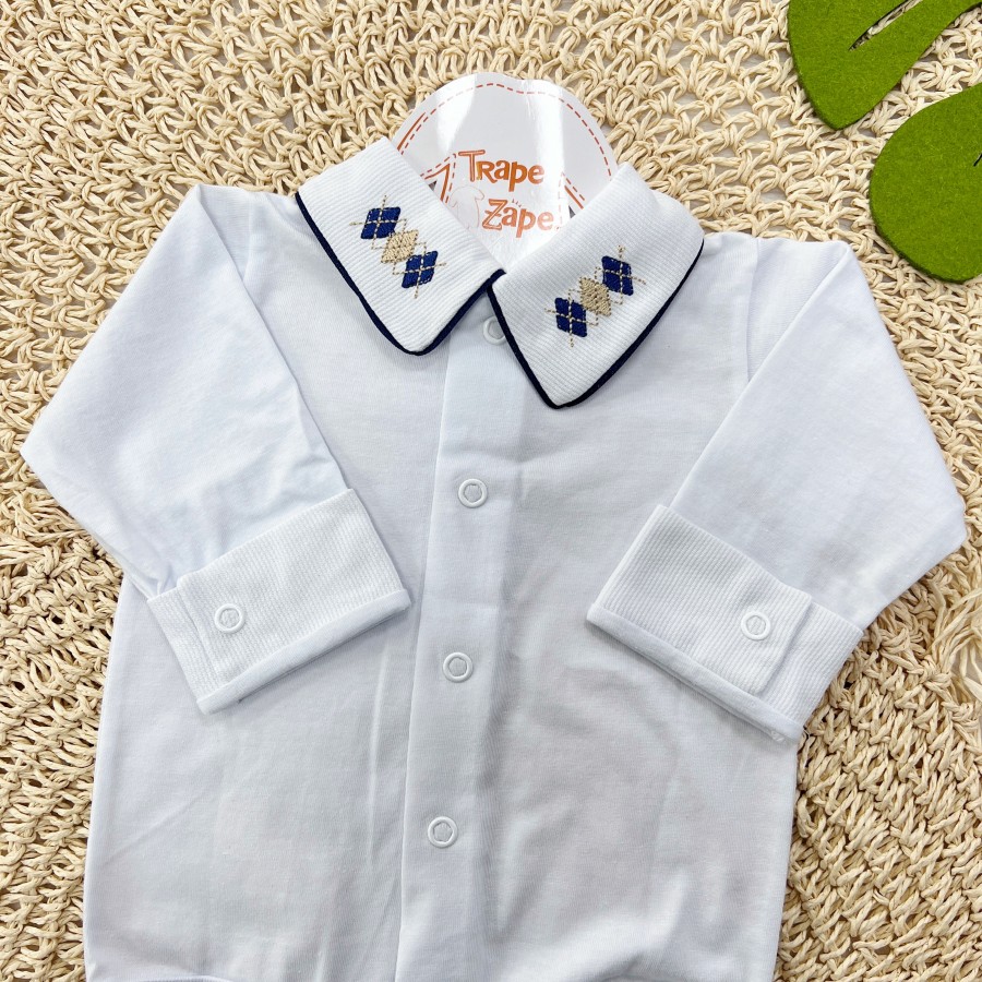 Body gola bordada- losango marinho e bege